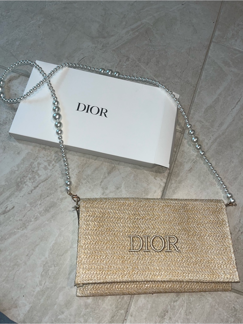 Dior Natural Straw Crossbody with Pearl Strap